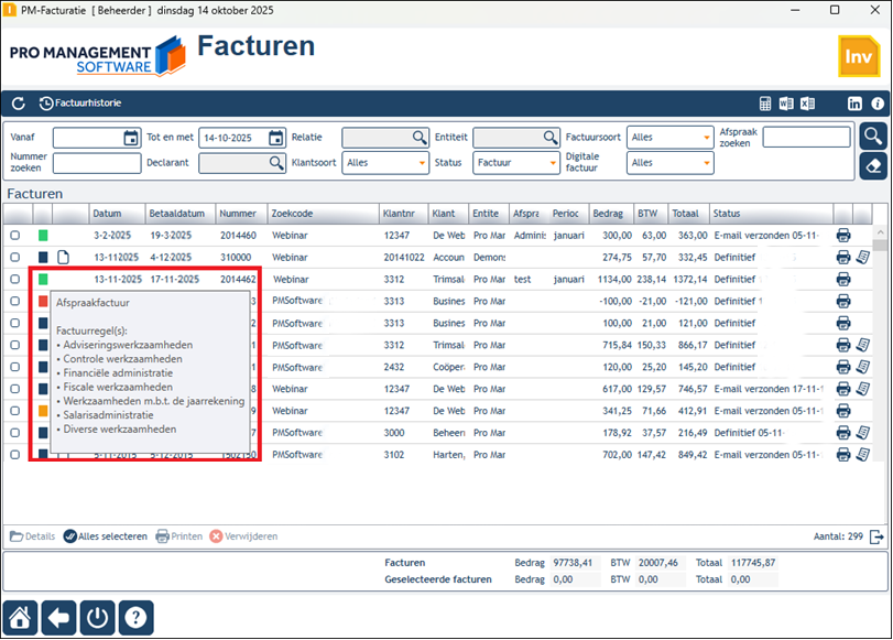 Afsprakenoverzicht met details invoice